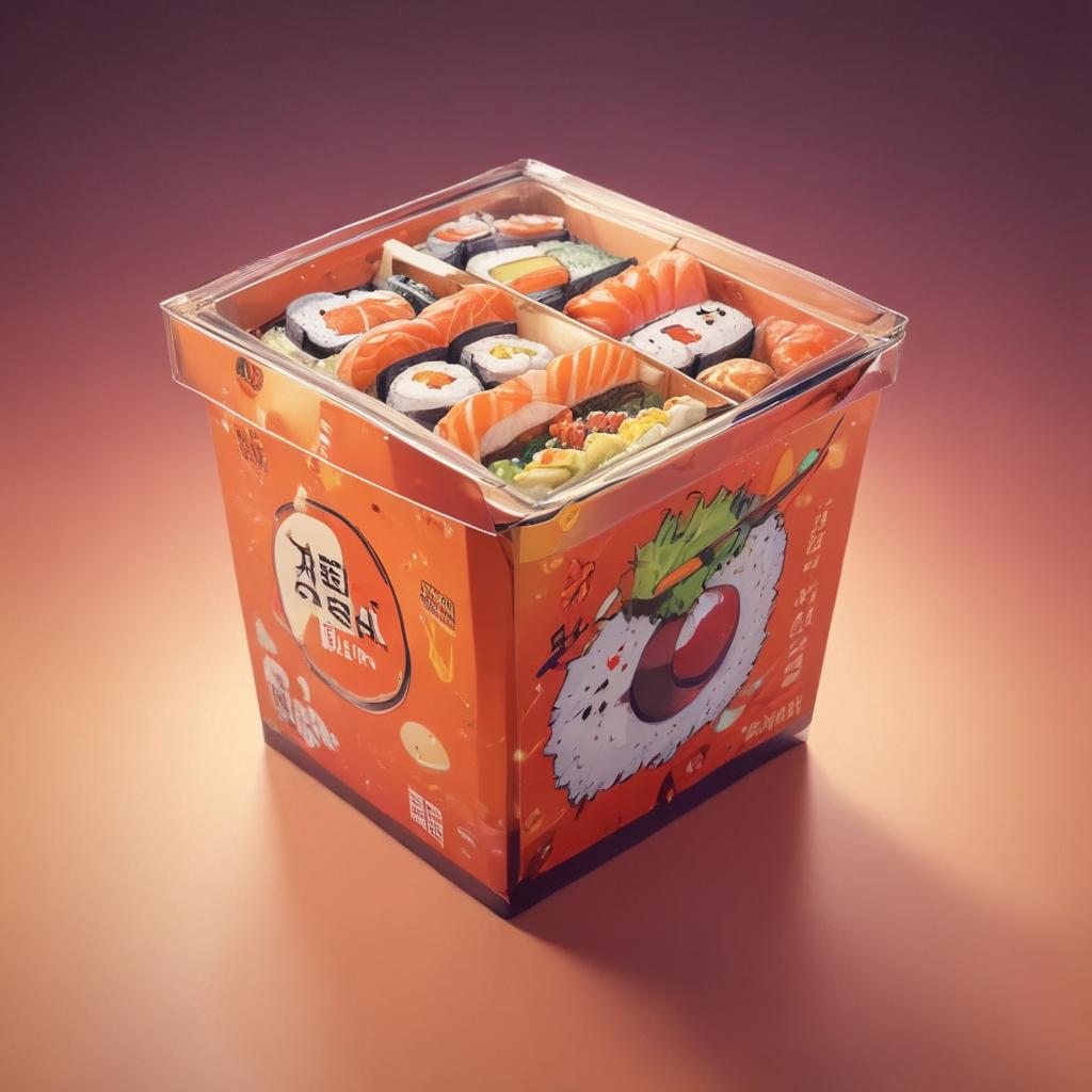 distance-shot, flashy, full-body, dynamic, holographic, animated cartoon poster of a take-out box of sushi in the style of dragon ball super