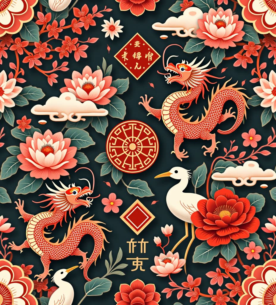  create a clothing pattern inspired by traditional peking opera elements. the design should intricately fuse various symbolic patterns, including majestic dragons and phoenixes, elegant peonies, lotus flowers, and plum blossoms. include flowing cloud and water motifs to symbolize power and grace, with additional geometric shapes like diamonds and circles for structure. integrate mythical beasts like qilin and guardian lions for a sense of strength, and add delicate birds like cranes and peacocks to convey nobility. incorporate auspicious symbols such as bats (for luck), the longevity character , and ruyi (for prosperity). the pattern should blend these elements harmoniously, creating a balanced and culturally rich design that is both traditi