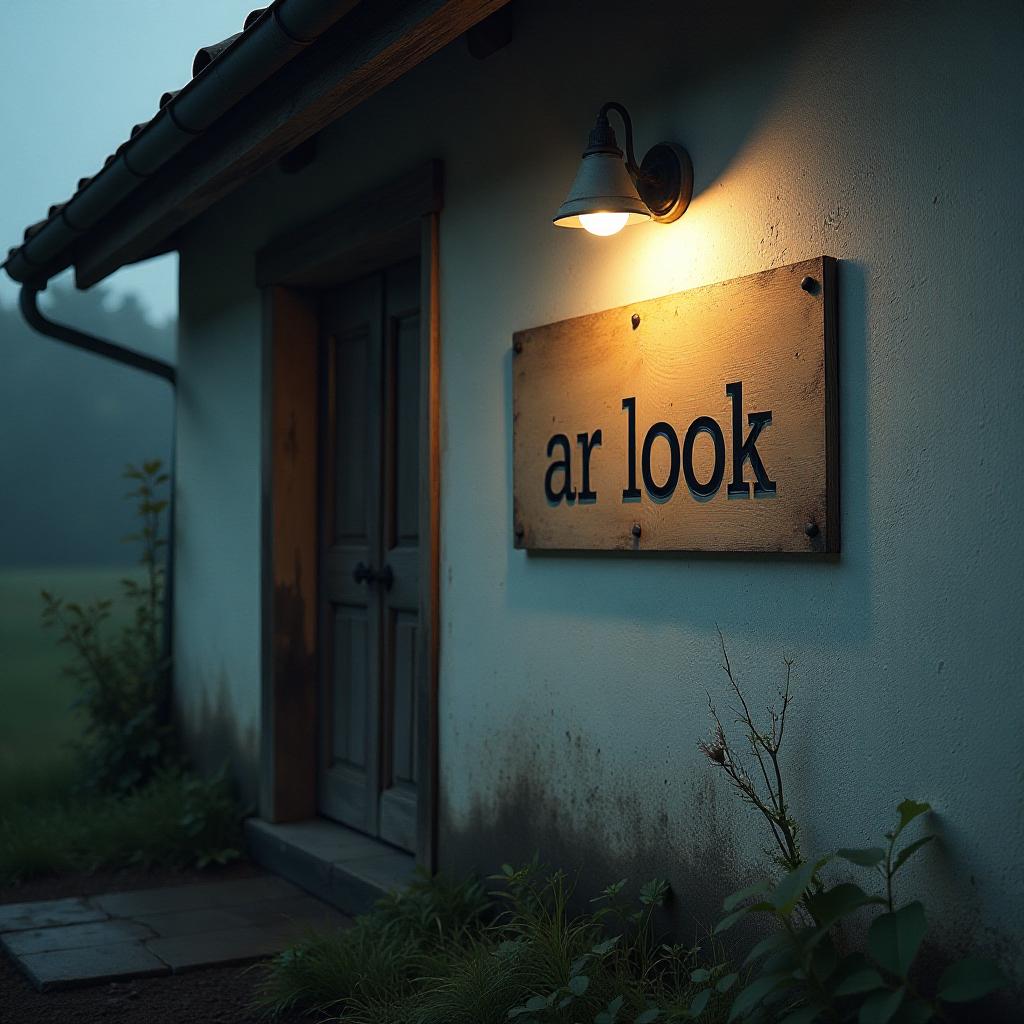  the wall of the house has a sign that says "ar look" in black letters. hyperrealistic, full body, detailed clothing, highly detailed, cinematic lighting, stunningly beautiful, intricate, sharp focus, f/1. 8, 85mm, (centered image composition), (professionally color graded), ((bright soft diffused light)), volumetric fog, trending on instagram, trending on tumblr, HDR 4K, 8K