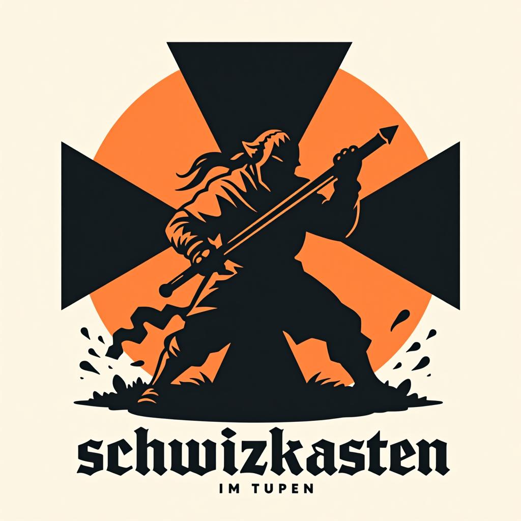  design a logo, in a geometric style. kreuzritter im kampf unter einer deutschen eiche, with the text 'schwitzkasten'.