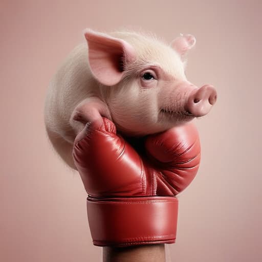 A human arm waering a boxing glove next to a pig in Surrealist style with Gradient background