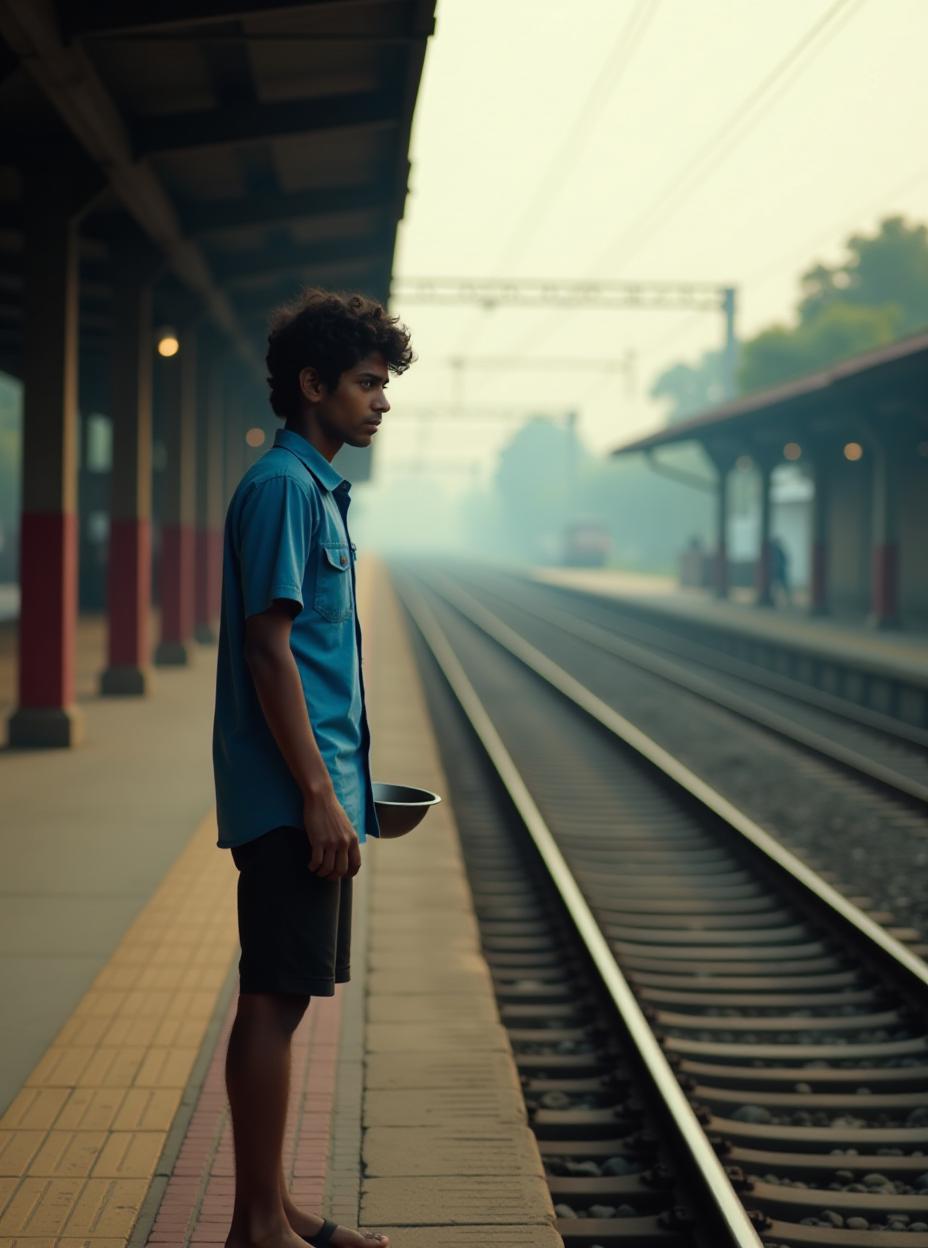  a scene from a emmy winner feature film called "hunger". location and scene: empty indian railway platform, chennai, early morning camera: medium shot from across the railway tract action: a young indian "arjunkumarwalia" with short curly hair, weaing blue shirt and black shorts is standing with a bowl waiting for the train, high quality, high details, hd, perfect composition, 4k epic detailed, highly detailed, sharp focus, high resolution