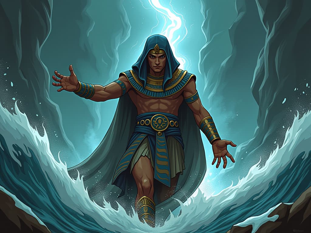  an ancient warrior entering a storm, determined expression, reaching out with a strong hand, offering help to an unseen companion in the tempest. the style is digital art illustration / modern comic book / mysterious occult, symbolic, esoteric vibe,high detail on character design, incorporating ancient egyptian symbology and attire.