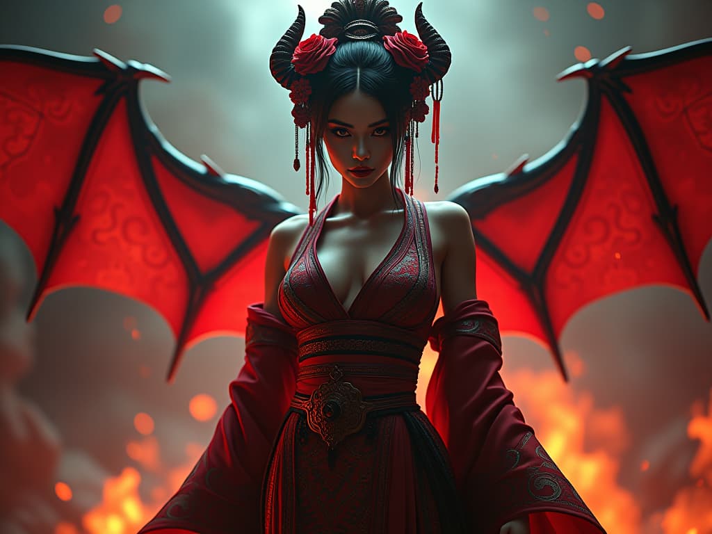  bloodpunk, boris vallejo, kimono+scarlet liquid+demon, epic, grimdark, intricate, hi tech slasher, ornate, feminine curved body proportions with round hips, eyes+flame, beautiful face hyperrealistic, full body, detailed clothing, highly detailed, cinematic lighting, stunningly beautiful, intricate, sharp focus, f/1. 8, 85mm, (centered image composition), (professionally color graded), ((bright soft diffused light)), volumetric fog, trending on instagram, trending on tumblr, HDR 4K, 8K