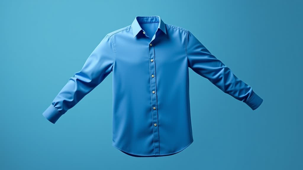  a blue shirt floating in mid air. the shirt is long sleeved and appears to be made of a lightweight fabric. the background is a solid color, providing a stark contrast to the shirt. the shirt is posit