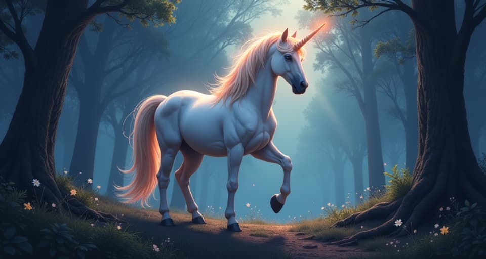  a mystical unicorn with a radiant mane standing tall, surrounded by a dark, magical forest, symbolizing undeniable strength. the style is digital art illustration,highly detailed, whimsical,magical, dreamlike atmosphere, realism and fantasy blend, smooth, glossy textures,luminous quality, wonder and enchantment.