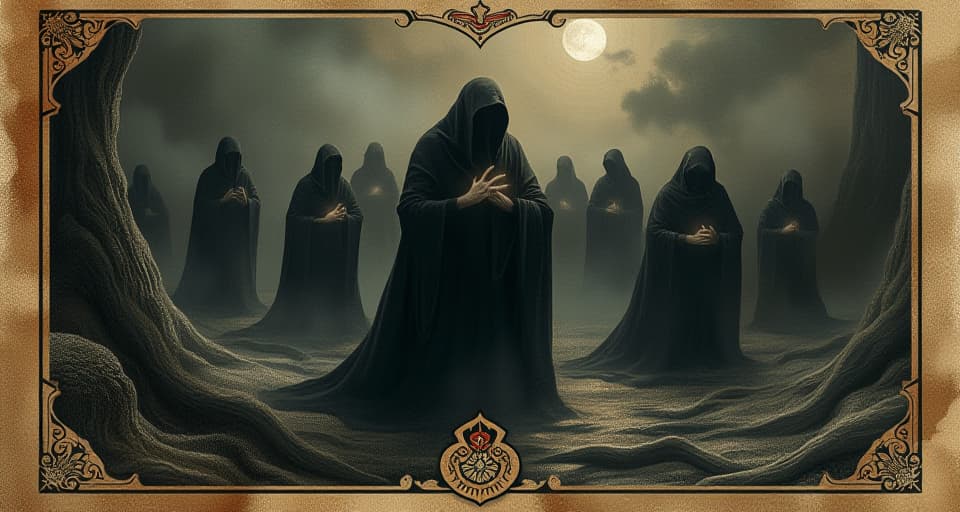  figures shrouded in darkness, expressions of fear and terror, cowering away from the light, haunted by their past actions. an illustration in the style of a worn, mystical old tarot trump card, mysterious and elements of surrealism. the colors are muted, somber and eerie, but with contrast bring out an occult and esoteric vibe.