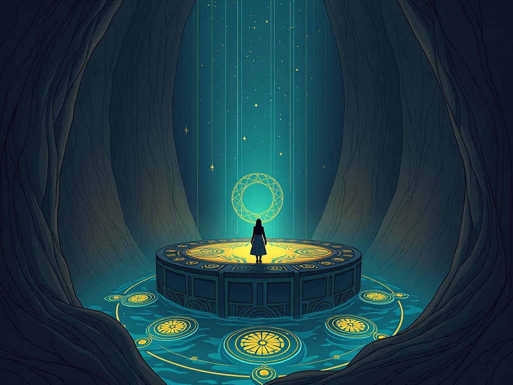  soul depths represented by a deep well, stars reflecting on the water surface, symbols of limitless potential glowing at the well’s bottom, atmosphere of mystery and hope. the style is digital art illustration / modern comic book / mysterious occult, symbolic, esoteric vibe,high detail on character design, incorporating ancient egyptian symbology and attire.