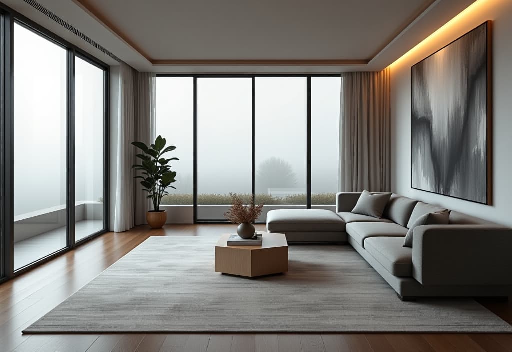  a landscape photo of a sleek, minimalist living room with floor to ceiling windows, featuring a low profile gray sofa, geometric coffee table, and a large abstract art piece on the wall hyperrealistic, full body, detailed clothing, highly detailed, cinematic lighting, stunningly beautiful, intricate, sharp focus, f/1. 8, 85mm, (centered image composition), (professionally color graded), ((bright soft diffused light)), volumetric fog, trending on instagram, trending on tumblr, HDR 4K, 8K