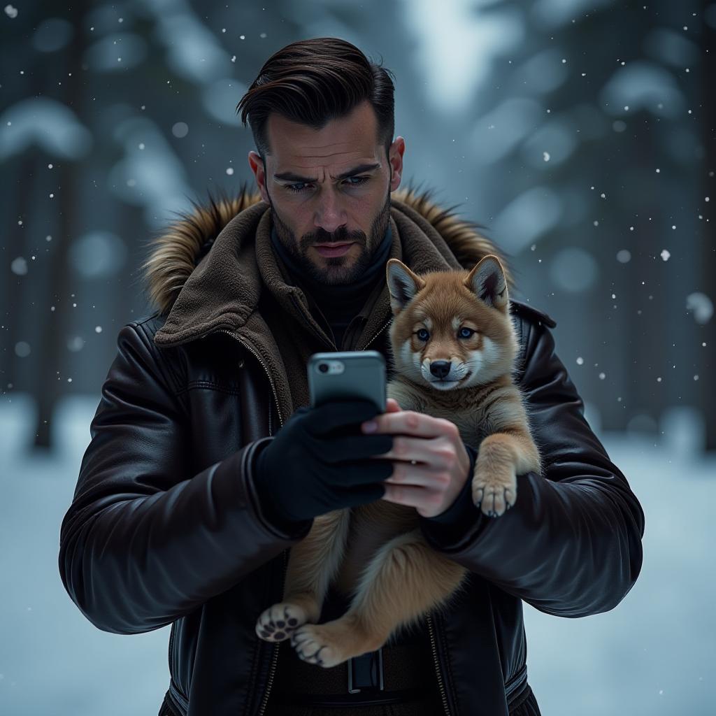  a handsome man, in a leather outfit, with a small wolf cub in his hand, takes a picture of himself on his phone, against the backdrop of winter, at night