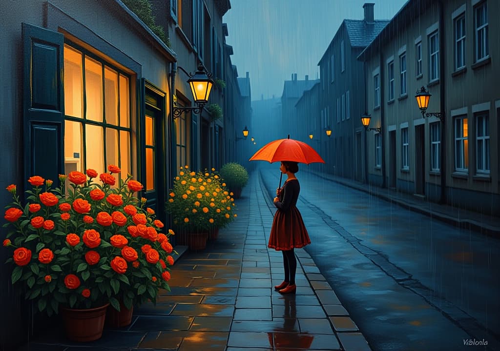  oil painting artwork from vincent van gogh,low saturation, brushes,beautiful girl and flowers, on the dark street, raining and storming dayhyper detail, intricate details, sharp focus, high resolution, 8k, ultra detailed, vib