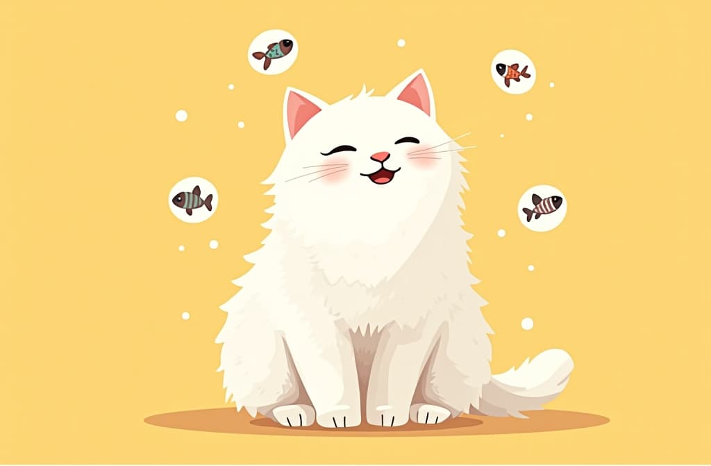  flat illustration, flaticon, (illustration:1.15), fluffy white cat , sitting on left side, (right side is empty for text), smiling cat looking at camera, cartoon drawn circles with fishes inside circles flying around cat head, yellow pastel solid background ar 3:2, [cory loftis, strobist, pascal campion :: 0.2]