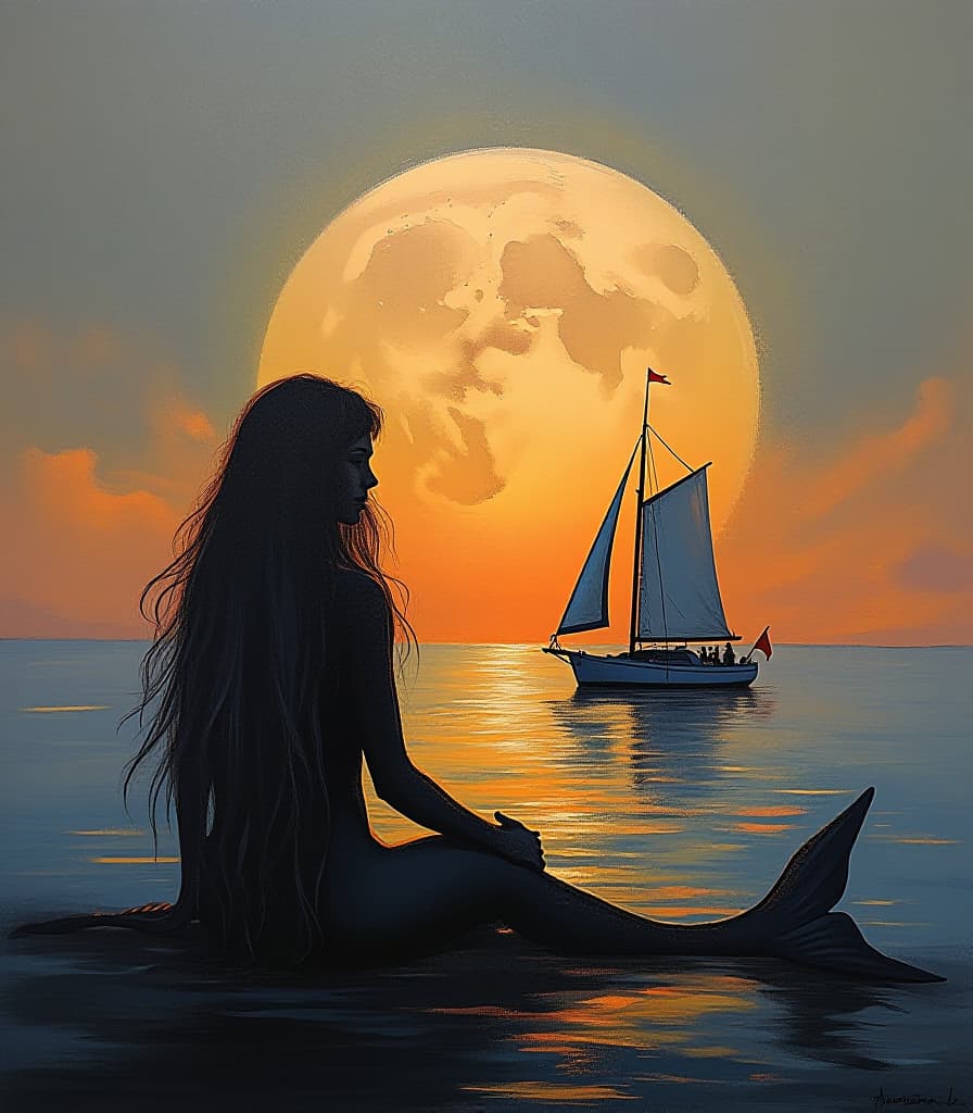  expressionist acryl painting (double exposure:1.3) captures a serene scene of a dreaming mermaid (dark silhouette:1.2) in the foreground, a sailboat on the water with a large, detailed view of the moon in the background. the moon appears disproportionately large compared to the boat, that creates the sense of depth. the sunset sky has an orange and gray hue. perfect composition, beautifully detailed. the overall composition creates a peaceful and almost surreal atmosphere, with the sailboat seemingly sailing towards the moon. the contrast between the dark silhouette of the long haired mermaid and the bright, glowing moon adds to the visual impact of the image.