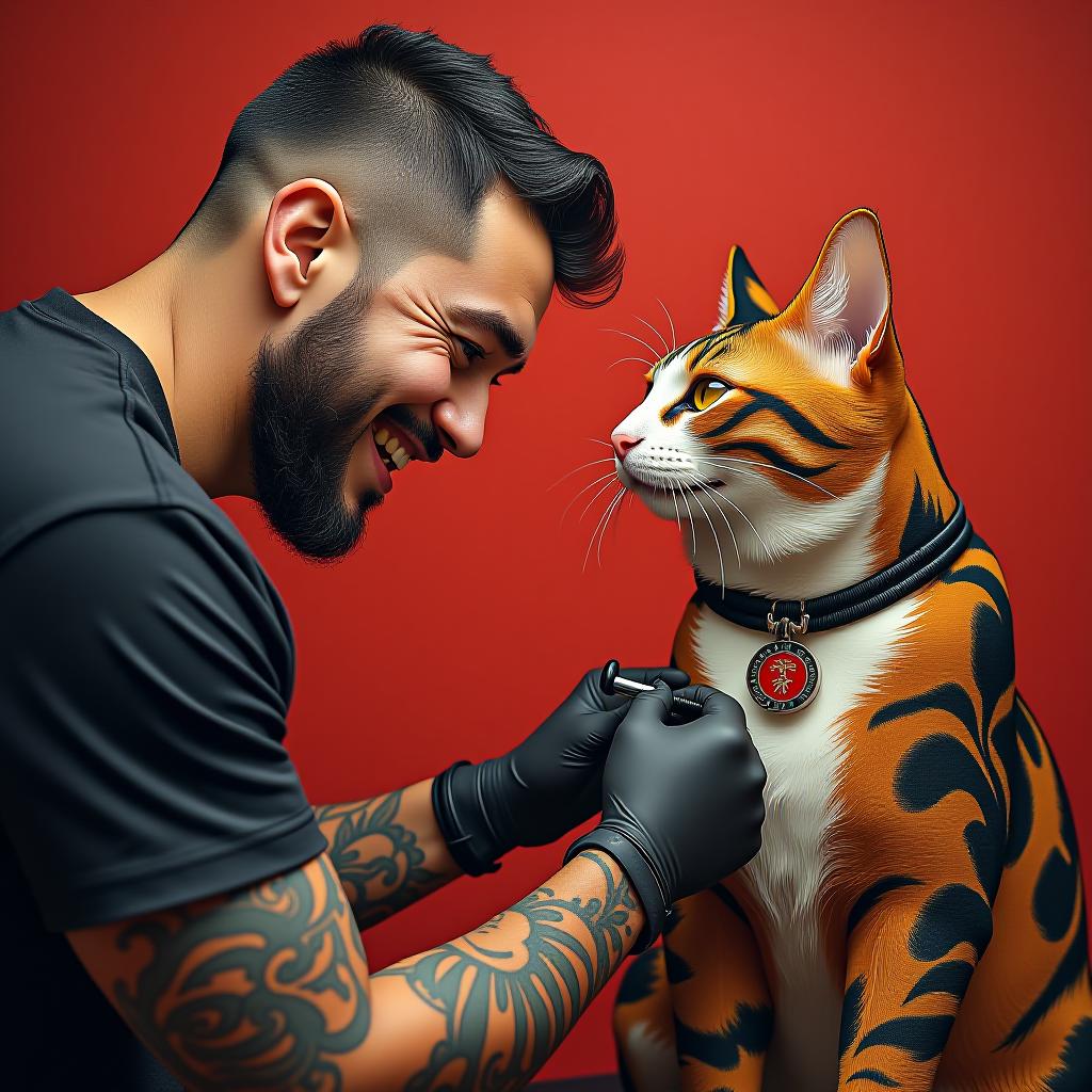  a cat tattoo artist with a wide smile is tattooing another cat in a japanese style against a red background.