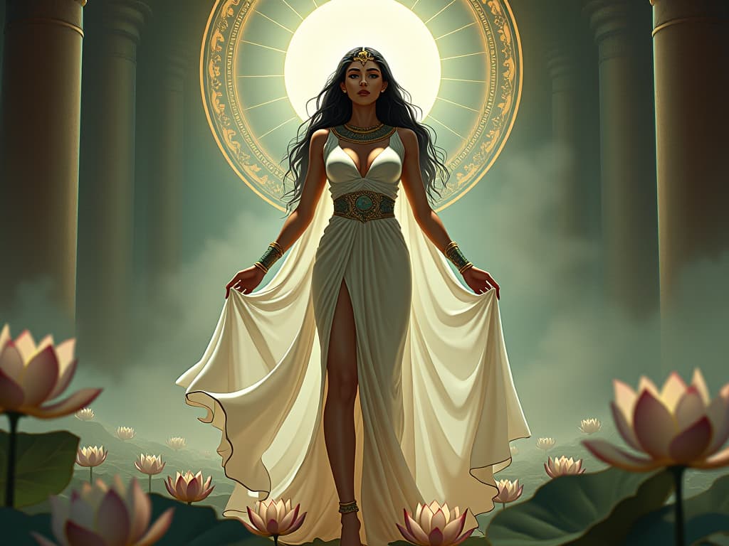  egyptian goddess, large busted, in a sheer white gown, lotus flowers at her feet, surrounded by an aura of light, symbolizing sacred healing process. the style is digital art illustration / modern comic book / mysterious occult, symbolic, esoteric vibe,high detail on character design, incorporating ancient egyptian symbology and attire.