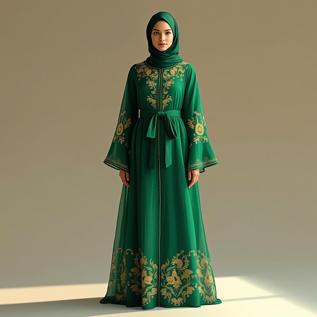  "design a full length, long sleeved abaya with a loose fit and an a line silhouette. the neckline should be a high collar with a buttoned front. use a lightweight chiffon fabric with intricate floral embroidery in deep emerald green. the sleeves should be bell shaped with elasticized cuffs, and the waist should be belted with a matching sash. accompany the abaya with a matching hijab made from the same fabric, featuring subtle embroidery along the edges."  hyperrealistic, full body, detailed clothing, highly detailed, cinematic lighting, stunningly beautiful, intricate, sharp focus, f/1. 8, 85mm, (centered image composition), (professionally color graded), ((bright soft diffused light)), volumetric fog, trending on instagram, trending on tumblr, HDR 4K, 8K