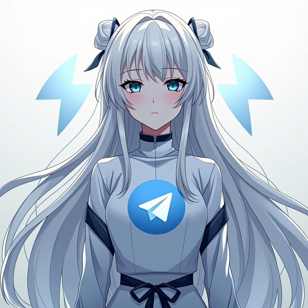  create an image of a character inspired by emilia from re:zero, featuring long white hair and an elegant appearance. the character should be wearing a shirt with the telegram logo, embodying peace and serenity. the design should be background, and include the name 'emilia' in a logo font