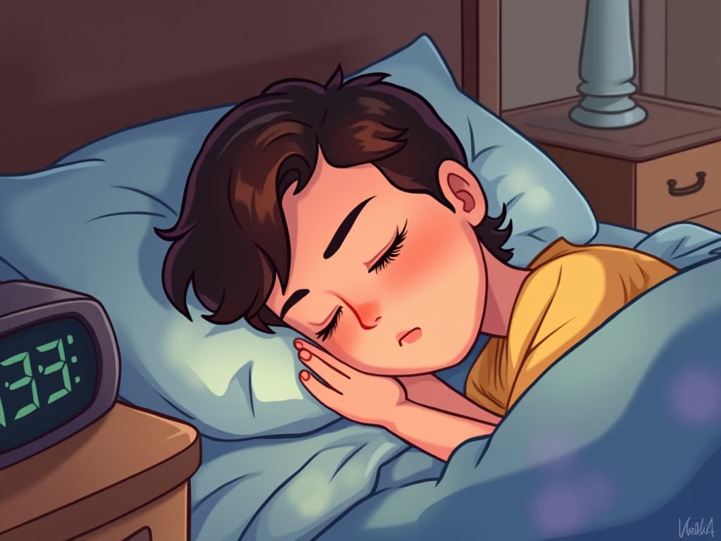  a cartoon close up of a sleeping person's face, showing subtle movements like twitching eyelids and a peaceful expression. the bedroom is depicted in soft, warm tones, with simple furniture and cozy details. a digital clock on the nightstand shows the time, and everything feels calm and real, but with the smooth, rounded edges of a cartoon world.