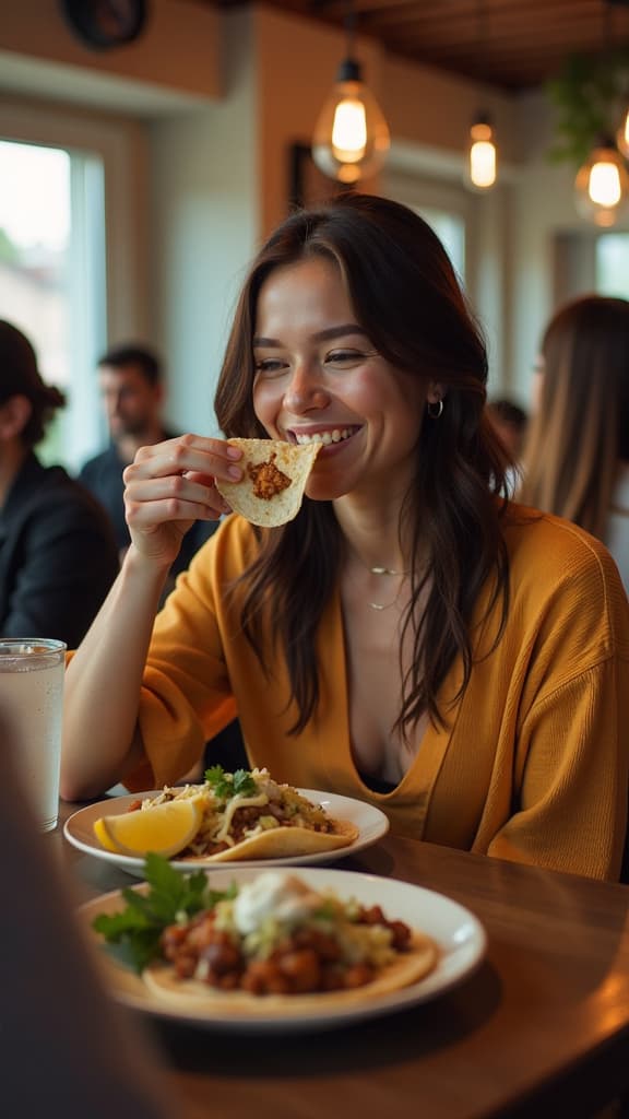  professional detailed photography, young woman enjoying in a taste of tacos while having lunch with friends in restaurant. ar 9:16, (muted colors, dim colors, soothing tones), (vsco:0.3)