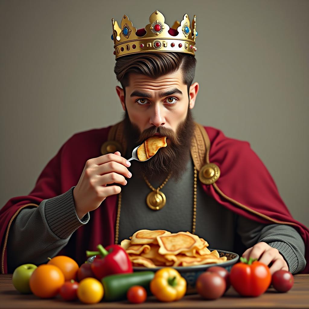  make an image of a man with trimmed brown hair with a crown of a king eating a feast of fruits and vegetables