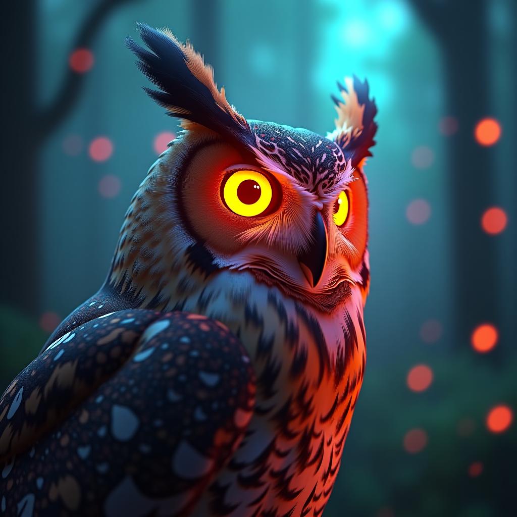  portrait | wide angle shot of eyes off to one side of frame, lucid dream like 3d model of owl, game asset, blender, looking off in distance ::8 style | glowing ::8 background | forest, vivid neon wonderland, particles, blue, green, orange ::7 parameters | rule of thirds, golden ratio, assymetric composition, hyper maximalist, octane render, photorealism, cinematic realism, unreal engine, 8k ::7 ar 16:9 s 1000 hyperrealistic, full body, detailed clothing, highly detailed, cinematic lighting, stunningly beautiful, intricate, sharp focus, f/1. 8, 85mm, (centered image composition), (professionally color graded), ((bright soft diffused light)), volumetric fog, trending on instagram, trending on tumblr, HDR 4K, 8K