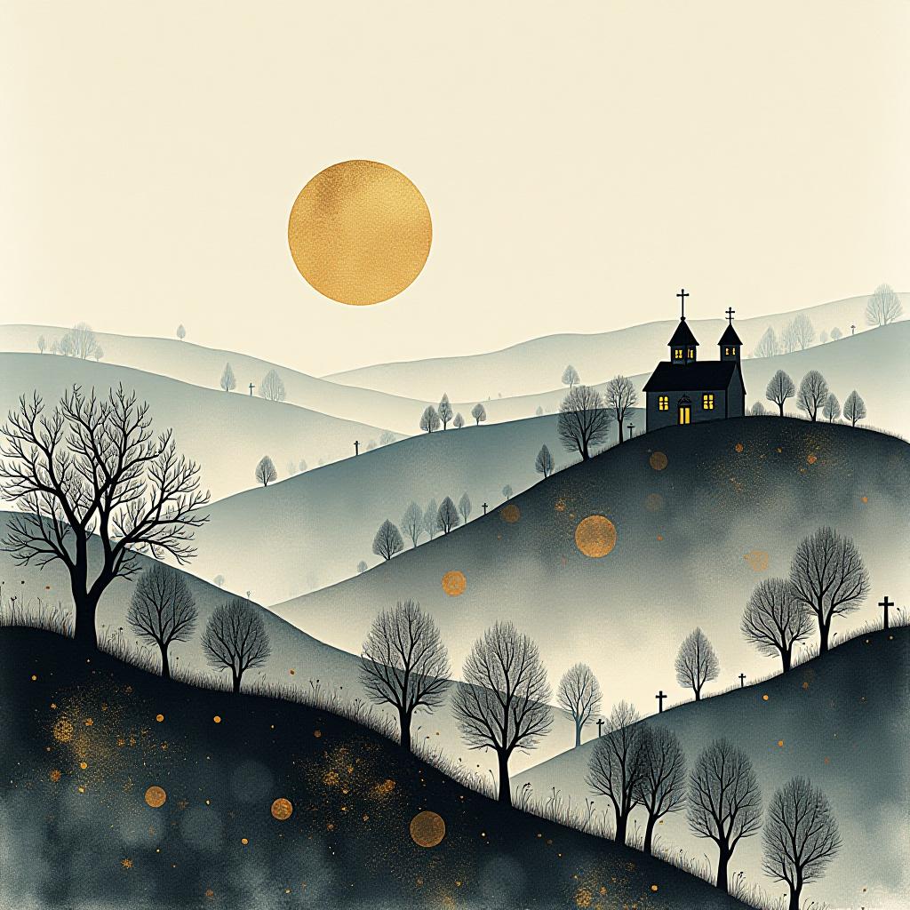  old cemetery silhouette on the rolled hills by the river, trees and bushes, silkscreen printing, abstract white, grey and black artwork in the style of kandinsky with circles, straight lines and small dots against a light background with intricate gold ink drawing, by annigoni, egon schiele, milo manara, botticelli, catrin welz stein, jean metzinger, klimt, peach/pink highlights, and greenish paint splashes framed against white bricks with a graffiti style on a white background. hyperrealistic, full body, detailed clothing, highly detailed, cinematic lighting, stunningly beautiful, intricate, sharp focus, f/1. 8, 85mm, (centered image composition), (professionally color graded), ((bright soft diffused light)), volumetric fog, trending on instagram, trending on tumblr, HDR 4K, 8K