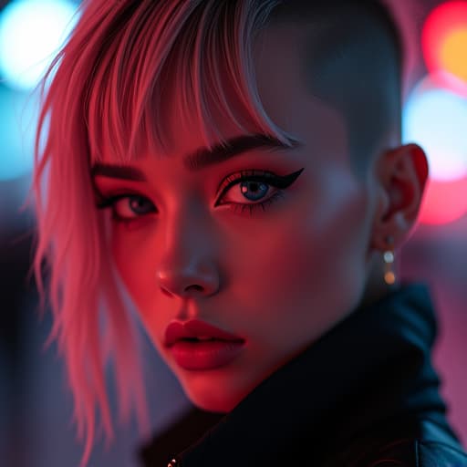  ultra realistic close up portrait ((beautiful pale cyberpunk female with heavy black eyeliner)), blue eyes, shaved side haircut, hyper detail, cinematic lighting, magic neon, dark red city, canon eos r3, nikon, f/1.4, iso 200, 1/160s, 8k, raw, unedited, symmetrical balance, in frame, 8k hyperrealistic, full body, detailed clothing, highly detailed, cinematic lighting, stunningly beautiful, intricate, sharp focus, f/1. 8, 85mm, (centered image composition), (professionally color graded), ((bright soft diffused light)), volumetric fog, trending on instagram, trending on tumblr, HDR 4K, 8K