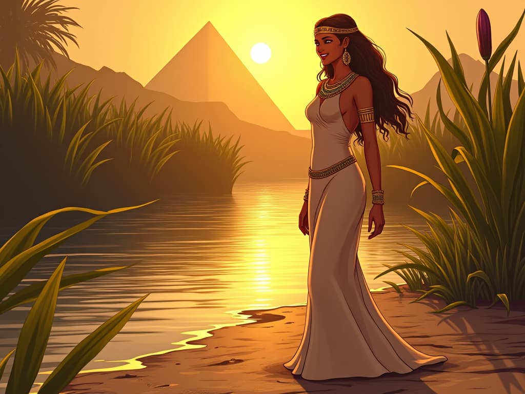  golden sunlight casting warmth over a peaceful nile riverbank, papyrus plants gently swaying, a large busted goddess in a form fitting gown, smiling warmly, her presence enveloping the scene in comfort. the style is digital art illustration / modern comic book / mysterious occult, symbolic, esoteric vibe,high detail on character design, incorporating ancient egyptian symbology and attire.