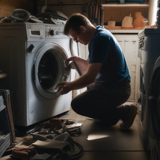 A photo of a skilled repair technician examining a disassembled washing machine in a cluttered garage in the early morning light, casting dramatic shadows and highlighting intricate details of the appliance's inner workings.