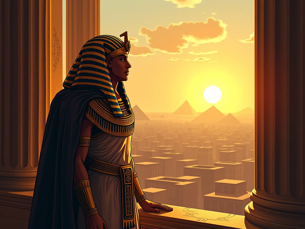  pharaoh looking into the distance from a palace window, golden armor glowing in the sunlight, determined look, backdrop of an expansive horizon. the style is digital art illustration / modern comic book / mysterious occult, symbolic, esoteric vibe,high detail on character design, incorporating ancient egyptian symbology and attire.