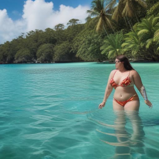 Generate a fat woman in bikini swiming in a beautiful lagoon