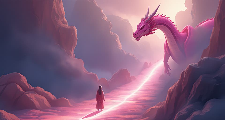  the chosen one walking beside the pink dragon along an endless, bright path, symbolizing the marathon of the spiritual journey, both figures exuding determination and patience. the style is digital art illustration,highly detailed, whimsical,magical, dreamlike atmosphere, realism and fantasy blend, smooth, glossy textures,luminous quality, wonder and enchantment.