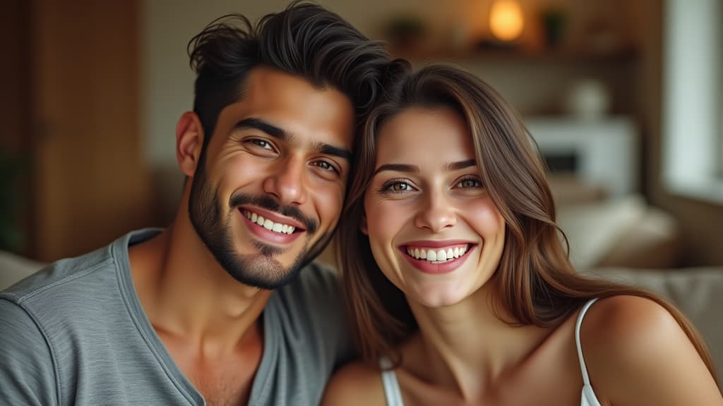  happy young latin couple looking at camera, at home