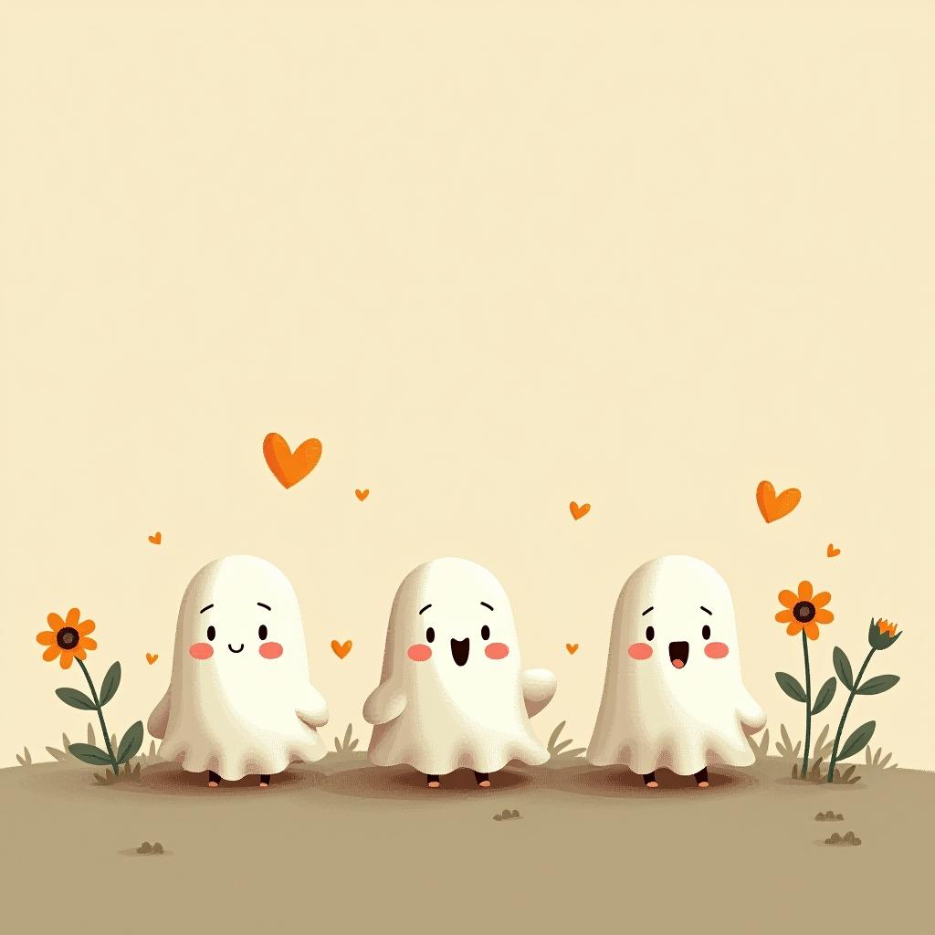  create a digital illustration featuring a row of three cute, cartoonish ghost characters, each with a different appearance, standing in different positions within sparse, life like wildflowers.