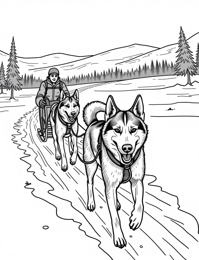  this is for an adult coloring page. a detailed black and white line art of a snowy sled dogs pulling a sled across a snowy plain on a solid white background.