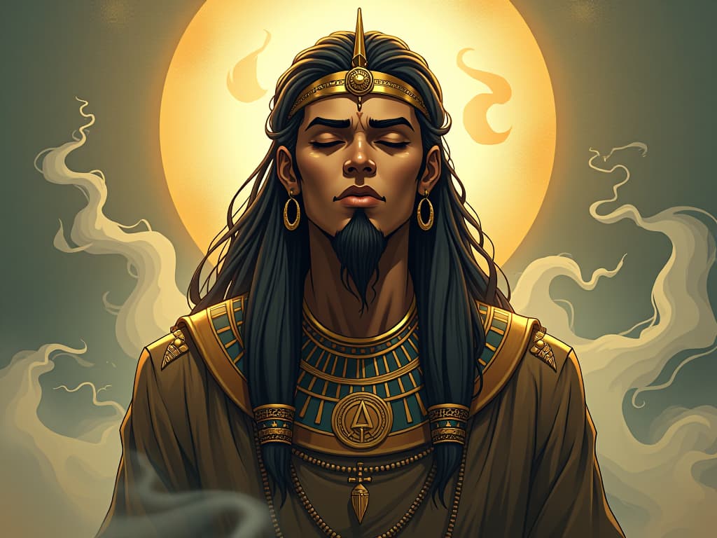  a young sage with a serene expression, eyes closed in meditation, surrounded by swirling mist, symbolizing the rare gift of perceiving the unseen and understanding the unspoken. the style is digital art illustration / modern comic book / mysterious occult, symbolic, esoteric vibe,high detail on character design, incorporating ancient egyptian symbology and attire.