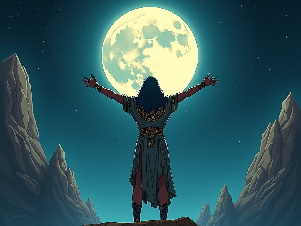  a person standing under the full moon, arms raised to the sky, novel approaches and groundbreaking ideas swirling around, atmosphere of empowerment. the style is digital art illustration / modern comic book / mysterious occult, symbolic, esoteric vibe,high detail on character design, incorporating ancient egyptian symbology and attire.