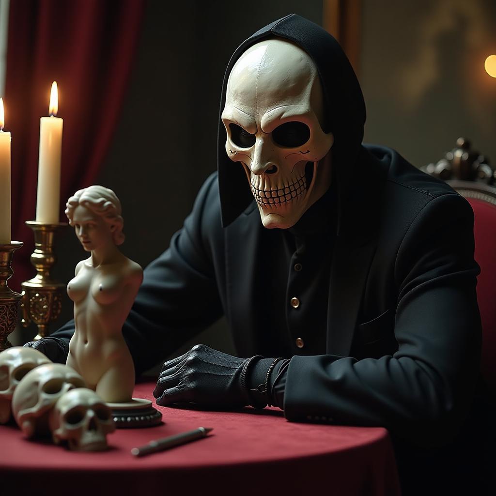  macabre style the face of a stranger in a masquerade mask, next to the table a small marble statuette of a full length female figure. candles are burning, golden skulls are decorating the room. in the dark. . dark, gothic, grim, haunting, highly detailed