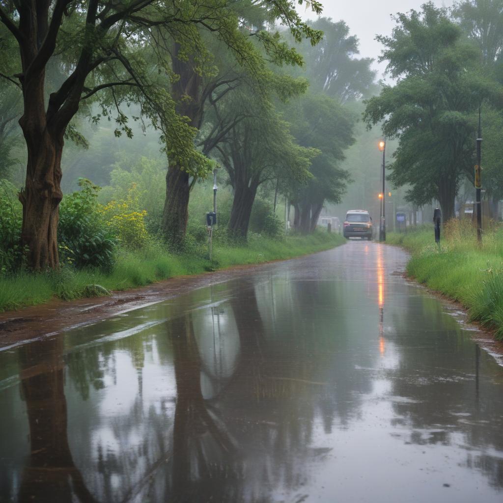 An impressionistic landscape capturing the essence of a rainy day.