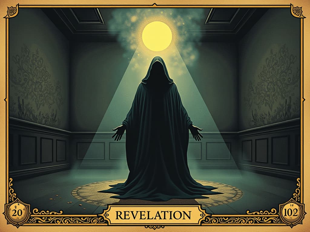  room charged with revelation, tangible power in the air. an illustration in the style of a worn, mystical old tarot trump card, mysterious and elements of surrealism. the colors are muted, somber and eerie, but with contrast bring out an occult and esoteric vibe.