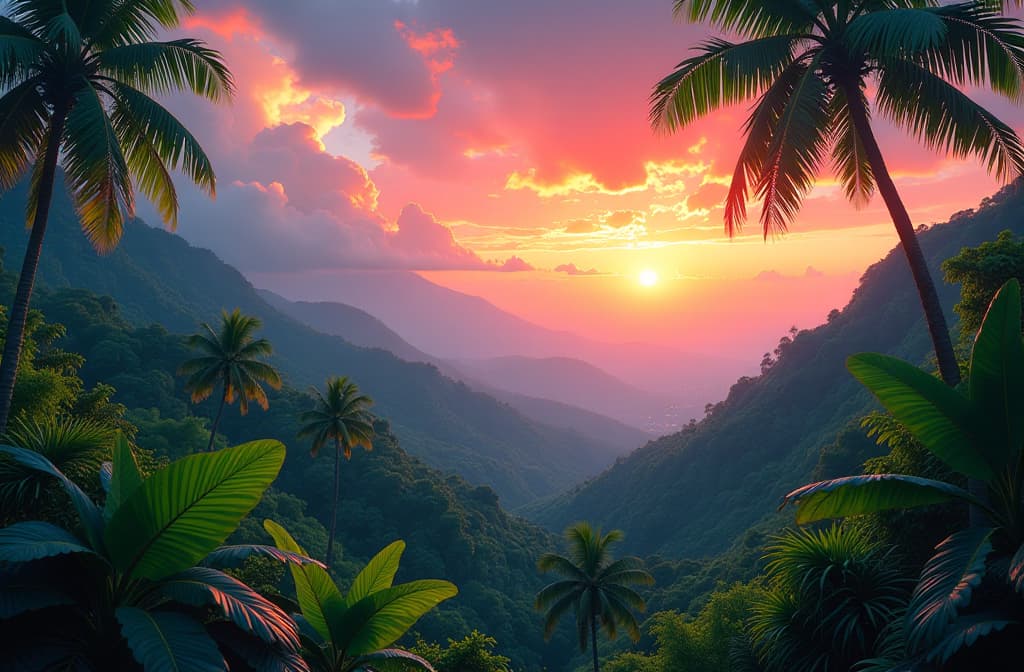  a vibrant tropical landscape with a lush, green jungle canopy in the foreground and a breathtaking sunset sky in the background. the sky is filled with dramatic, colorful clouds in shades of orange, pink, and purple. in the distance, a hazy valley or mountain range can be seen. the overall scene has a dreamlike, fantastical quality hyperrealistic, full body, detailed clothing, highly detailed, cinematic lighting, stunningly beautiful, intricate, sharp focus, f/1. 8, 85mm, (centered image composition), (professionally color graded), ((bright soft diffused light)), volumetric fog, trending on instagram, trending on tumblr, HDR 4K, 8K