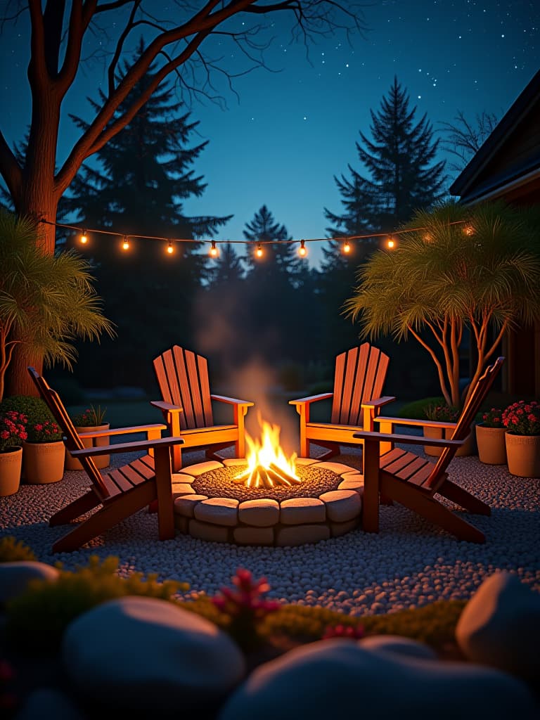  high quality portrait photo of a charming fire pit area with adirondack chairs made from reclaimed wood, surrounded by river rocks and potted plants, with a starry night sky above hyperrealistic, full body, detailed clothing, highly detailed, cinematic lighting, stunningly beautiful, intricate, sharp focus, f/1. 8, 85mm, (centered image composition), (professionally color graded), ((bright soft diffused light)), volumetric fog, trending on instagram, trending on tumblr, HDR 4K, 8K