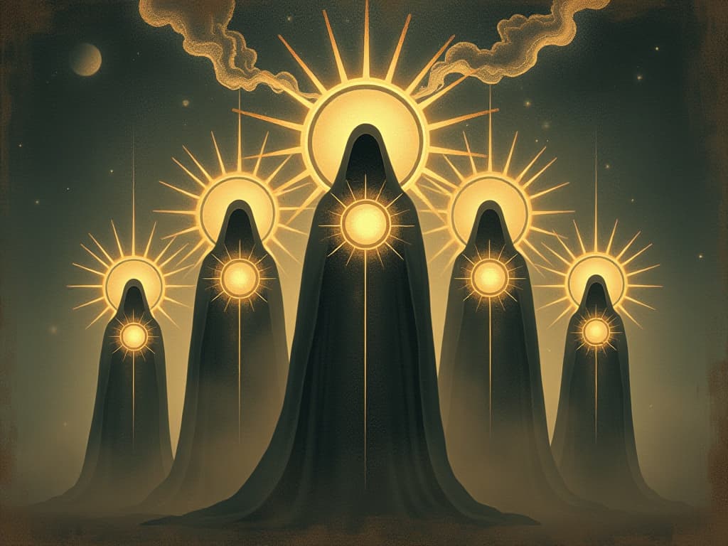  chosen ones with radiant auras, shields of light, powerful and impenetrable, surrounding figures, protective energy, cosmic essence, radiant and strong, light emanating in waves. an illustration in the style of a worn, mystical old tarot trump card, mysterious and elements of surrealism. the colors are muted, somber and eerie, but with contrast bring out an occult and esoteric vibe.