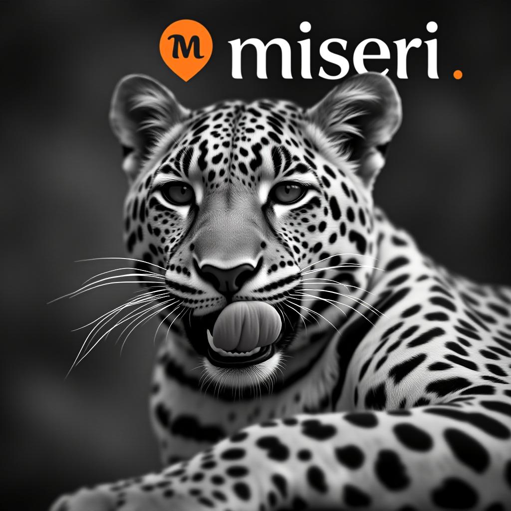  a black and white photograph of a leopard licking itself, with the word "miseri" in the background.