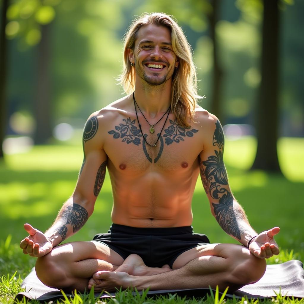  photo, thin young guy smiles broadly, does yoga in the park, summer, young man with long blond hair, young man with tattoos from neck to toe, lots of tattoos, no hair on his body and no hair on his face {prompt}, maximum details