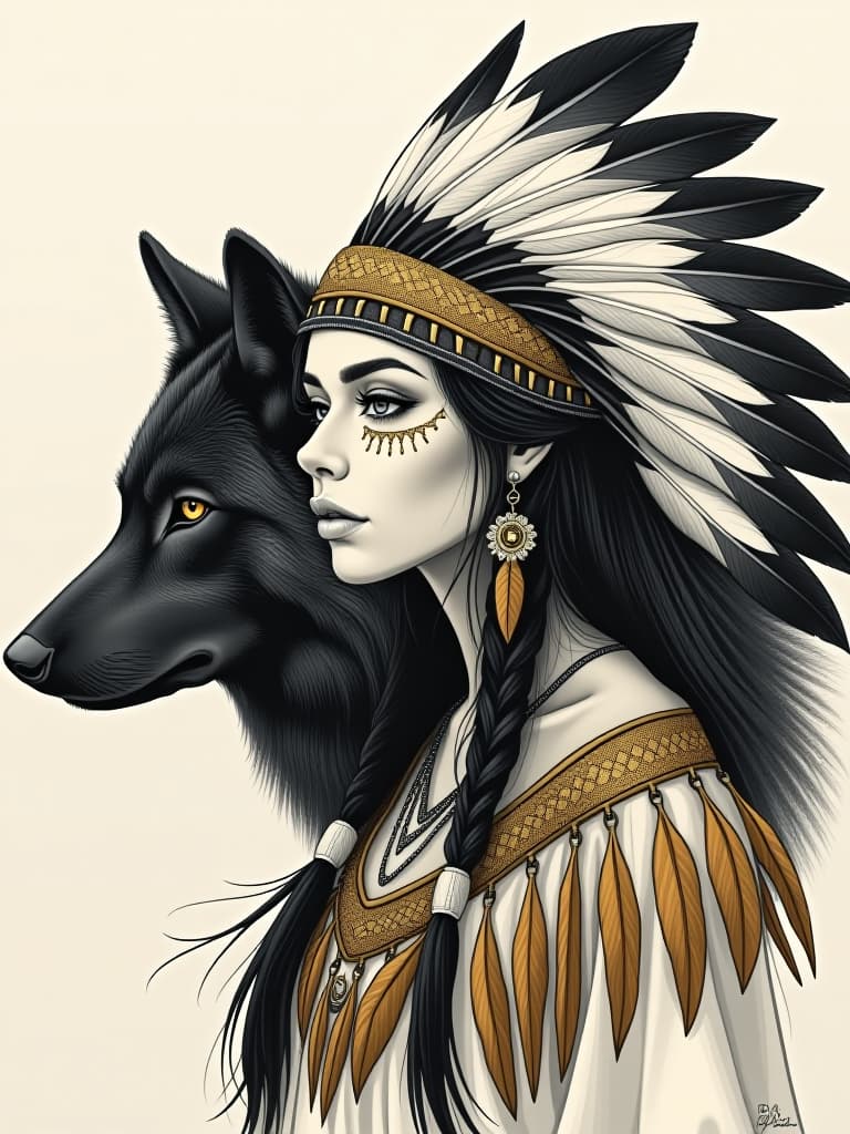  line art drawing picture of a woman with apache feathers and a black wolf, airbrush, d in gold, loincloth, native american makeup, warrior , oil on canvas detail, wolp, formidable and , beautiful aesthetic, artistic 8 k, beautiful avatar 8 k post, ashe, artgerm detail, ceremonial, beautiful wallpaper . professional, sleek, modern, minimalist, graphic, line art, vector graphics