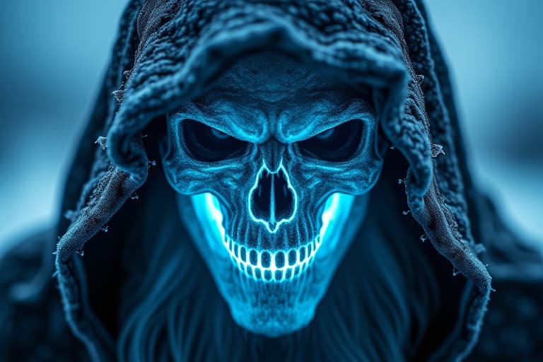  a symmetric portrait of a male, evil frozen necromancer, features dissolving into frozen magic thin, luminescent blue lines. weighted voronoi stippling and laser caustics create a network, transitioning from hyperrealistic detail to abstract, quantum inspired forms. ethereal hues blend, evoking existential transition and mystery. close up on face, evil skull partially visible. set against a twilight arctic backdrop, icy winds ripple through his tattered robes. rendered in a fusion of photorealism and digital surrealism, the scene is illuminated by ghostly northern lights. emphasis on cold, menacing atmosphere, invoking nordic myths hyperrealistic, full body, detailed clothing, highly detailed, cinematic lighting, stunningly beautiful, intricate, sharp focus, f/1. 8, 85mm, (centered image composition), (professionally color graded), ((bright soft diffused light)), volumetric fog, trending on instagram, trending on tumblr, HDR 4K, 8K