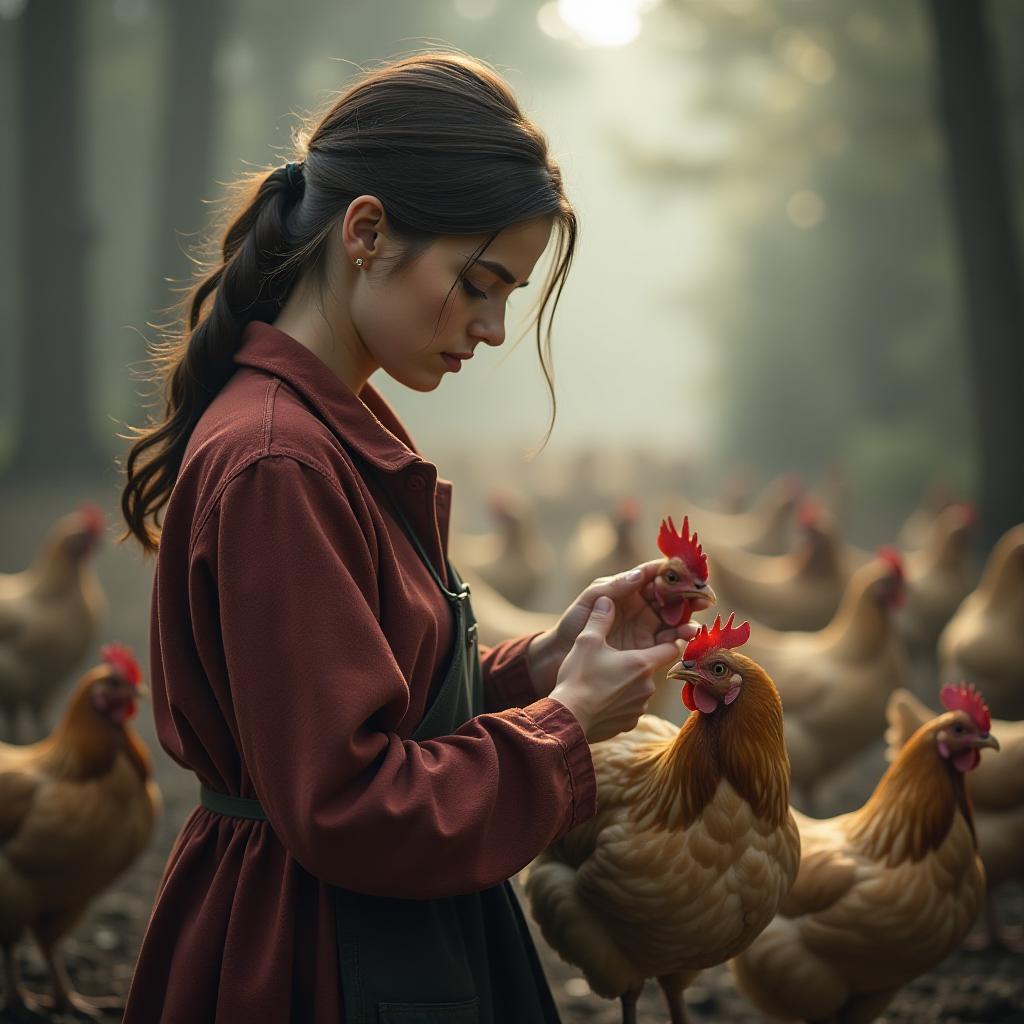  a brunette woman is feeding chickens. hyperrealistic, full body, detailed clothing, highly detailed, cinematic lighting, stunningly beautiful, intricate, sharp focus, f/1. 8, 85mm, (centered image composition), (professionally color graded), ((bright soft diffused light)), volumetric fog, trending on instagram, trending on tumblr, HDR 4K, 8K