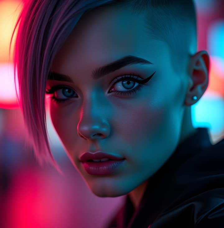  ultra realistic close up portrait ((beautiful pale cyberpunk female with heavy black eyeliner)), blue eyes, shaved side haircut, hyper detail, cinematic lighting, magic neon, dark red city, canon eos r3, nikon, f/1.4, iso 200, 1/160s, 8k, raw, unedited, symmetrical balance, in frame, 8k hyperrealistic, full body, detailed clothing, highly detailed, cinematic lighting, stunningly beautiful, intricate, sharp focus, f/1. 8, 85mm, (centered image composition), (professionally color graded), ((bright soft diffused light)), volumetric fog, trending on instagram, trending on tumblr, HDR 4K, 8K