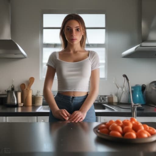 an ultra realistic photo of beautiful woman, at kitchen, while cooking, milf symmetrical balance, in-frame hyperrealistic, full body, detailed clothing, highly detailed, cinematic lighting, stunningly beautiful, intricate, sharp focus, f/1. 8, 85mm, (centered image composition), (professionally color graded), ((bright soft diffused light)), volumetric fog, trending on instagram, trending on tumblr, HDR 4K, 8K